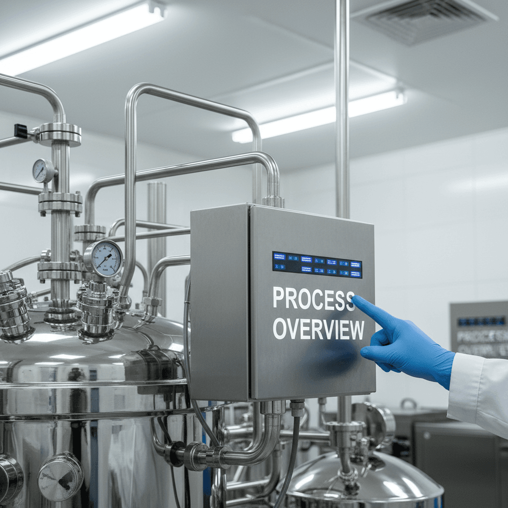 Gloved hand reaching toward a control panel on a chemical processing vessel