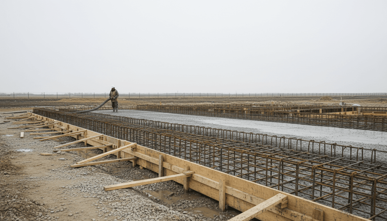 Concrete foundation being poured at a new treatment, storage, and disposal facility construction site in East Camden, Arkansas.