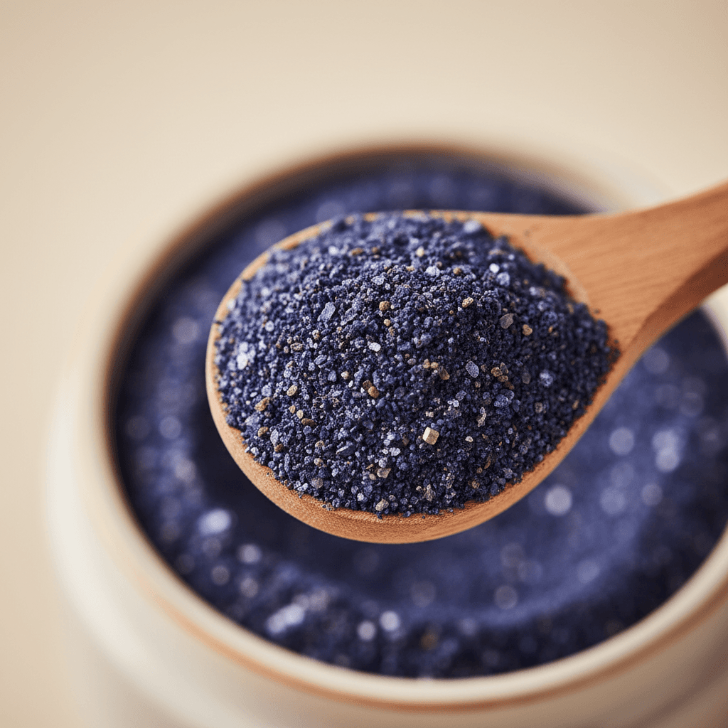 Extreme close-up of concentrated hair care powder texture with wooden measuring spoon revealing granulated formula detail