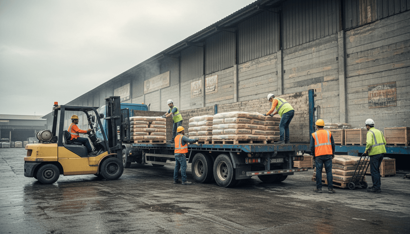 Construction workers loading cement bags onto delivery truck at industrial loading dock
