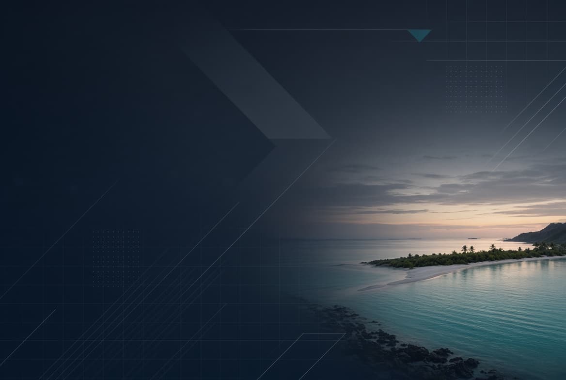 Dark blue abstract geometric design blending into a serene tropical island landscape at sunset.